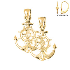 Pendientes de ancla con rueda de barco de plata de ley de 29 mm (chapados en oro blanco o amarillo)