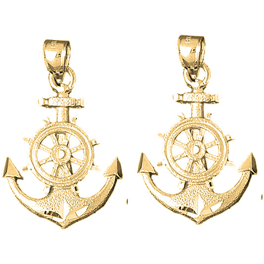 14K or 18K Gold 35mm Anchor With Ships Wheel Earrings