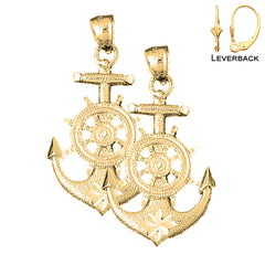 Sterling Silver 46mm Anchor With Ships Wheel Earrings (White or Yellow Gold Plated)