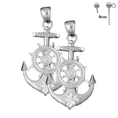Sterling Silver 46mm Anchor With Ships Wheel Earrings (White or Yellow Gold Plated)