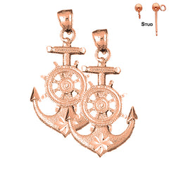 Pendientes de ancla con rueda de barco de oro de 14 quilates o 18 quilates de 46 mm