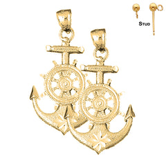 Pendientes de ancla con rueda de barco de oro de 14 quilates o 18 quilates de 46 mm