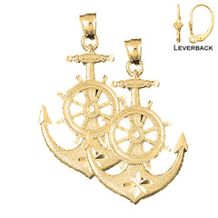 Sterling Silver 53mm Anchor With Ships Wheel Earrings (White or Yellow Gold Plated)