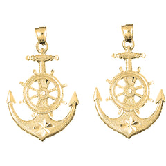 Yellow Gold-plated Silver 53mm Anchor With Ships Wheel Earrings
