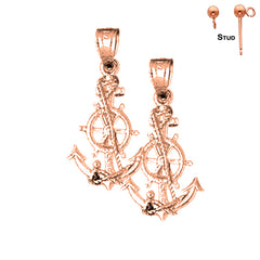 Pendientes de ancla con rueda de barco de oro de 14 quilates o 18 quilates de 24 mm