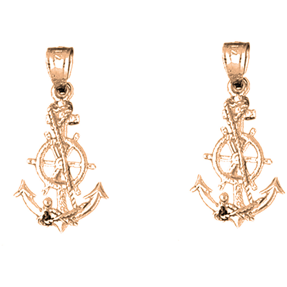 14K or 18K Gold 24mm Anchor With Ships Wheel Earrings