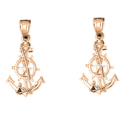 14K or 18K Gold 24mm Anchor With Ships Wheel Earrings