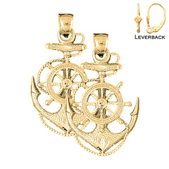 Sterling Silver 43mm Anchor With Ships Wheel Earrings (White or Yellow Gold Plated)