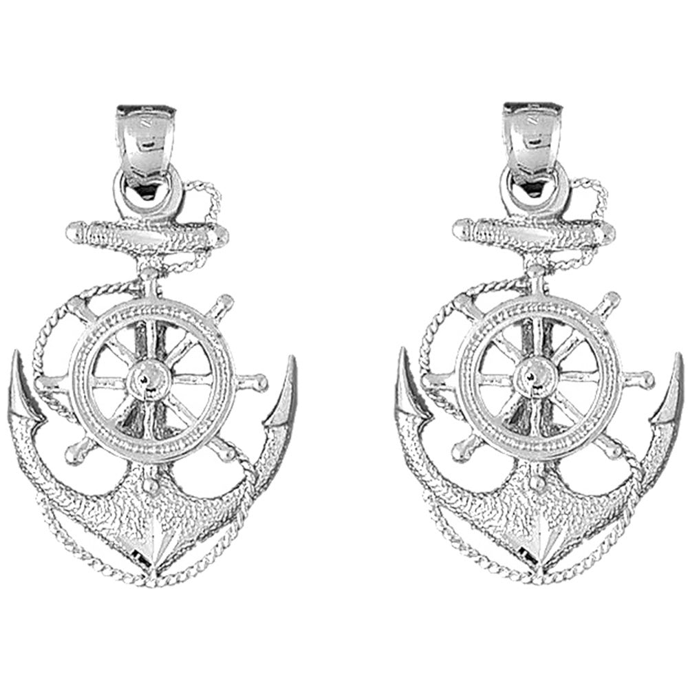 14K or 18K Gold 43mm Anchor With Ships Wheel Earrings