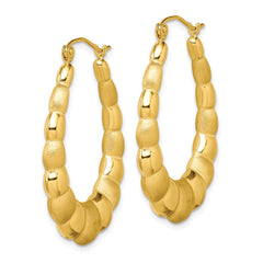 10K Yellow Gold Satin and Polished Hollow Fancy Hoop Earrings