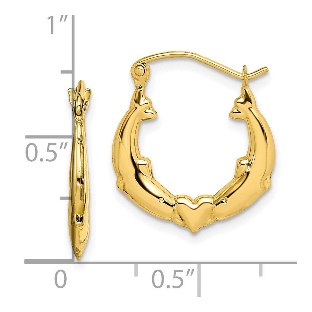 10K Yellow Gold Dolphin Heart Hollow Hoop Earrings