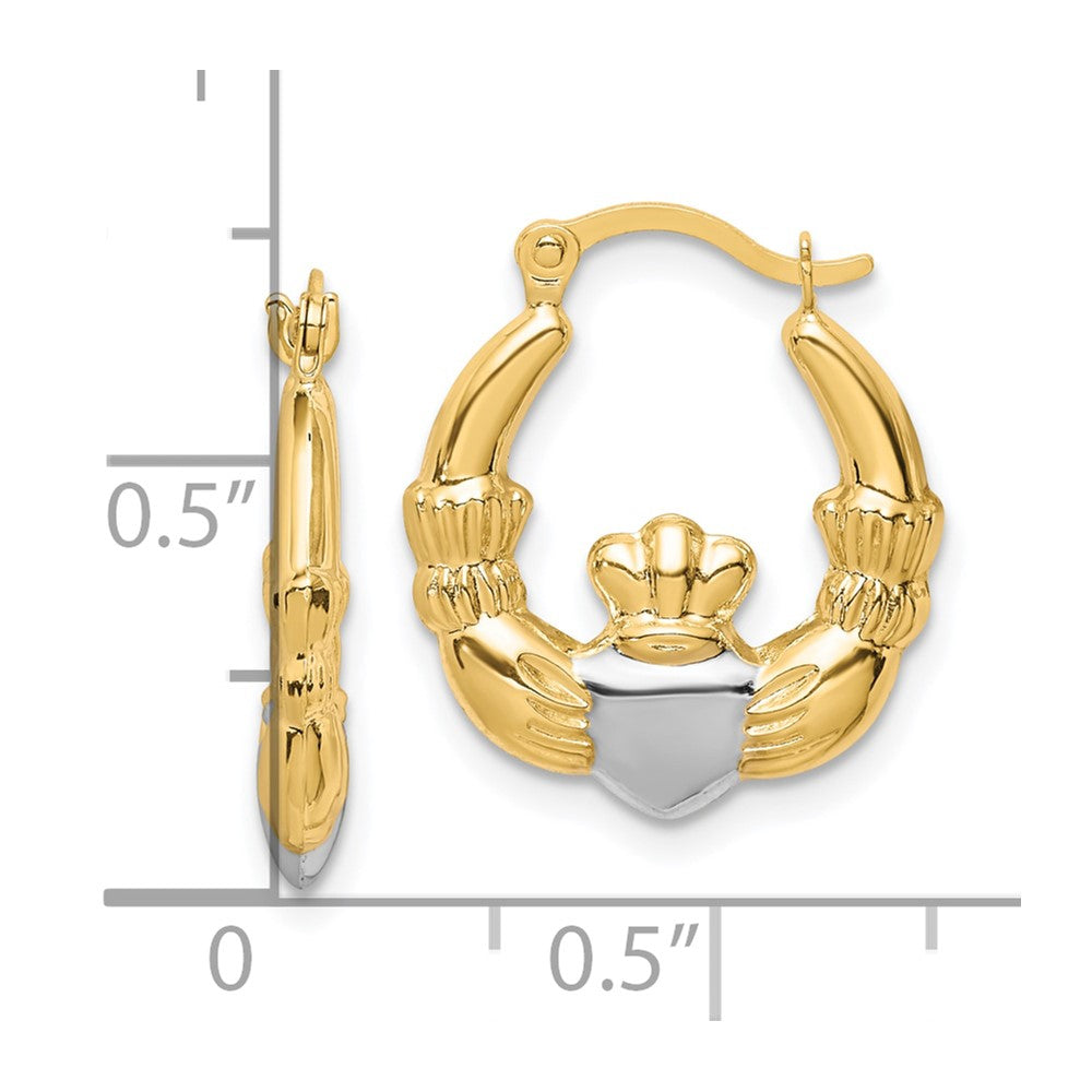 10K Yellow Gold & Rhodium Claddagh Hollow Hoop Earrings