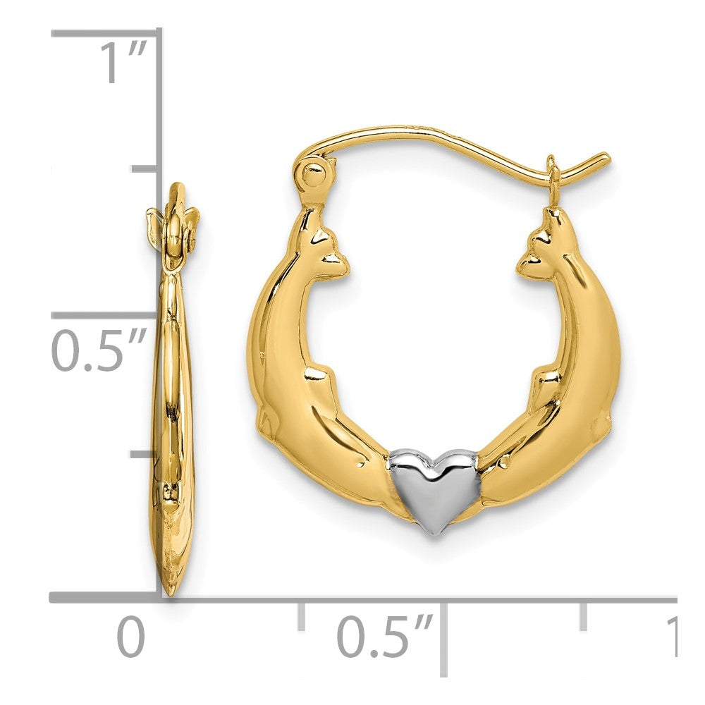 10K Yellow Gold & Rhodium Dolphin Heart Hollow Hoop Earrings