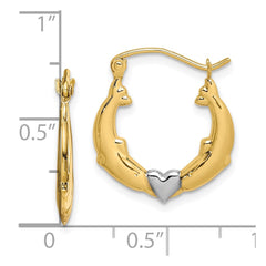 10K Yellow Gold & Rhodium Dolphin Heart Hollow Hoop Earrings