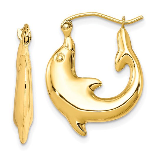 10K Yellow Gold Polished Dolphin Hoop Earrings