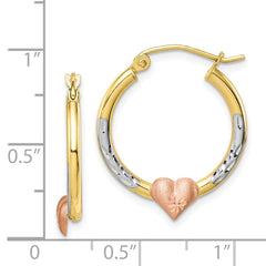 10K Two-tone & White Rhodium Diamond-cut Heart Hoop Earrings