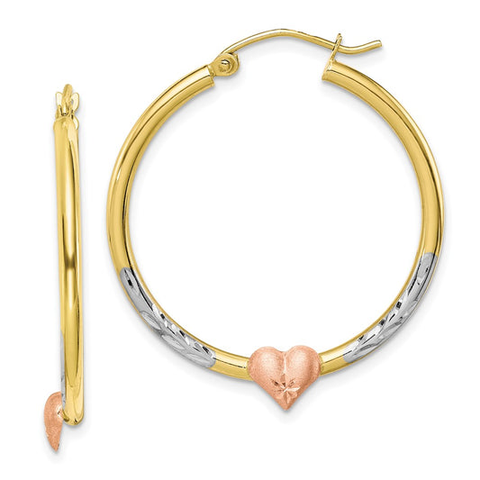 10K Two-tone and White Rhodium Diamond-cut Heart Hoop Earrings