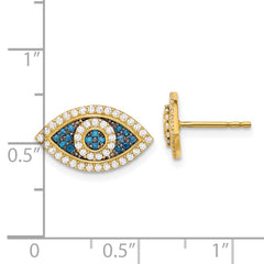 10K Yellow Gold Polished Blue & Clear CZ Evil Eye Post Earrings