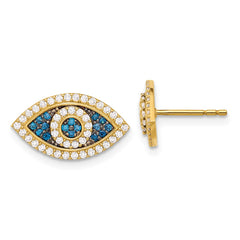 10K Yellow Gold Polished Blue & Clear CZ Evil Eye Post Earrings