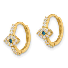 10K Yellow Gold Polished Clear & Blue CZ Evil Eye Hinged Hoop Earrings