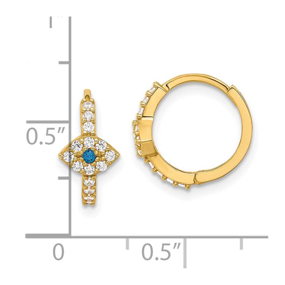 10K Yellow Gold Polished Clear & Blue CZ Evil Eye Hinged Hoop Earrings