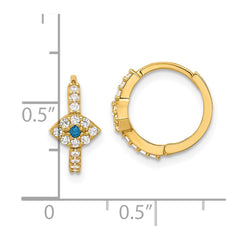 10K Yellow Gold Polished Clear & Blue CZ Evil Eye Hinged Hoop Earrings