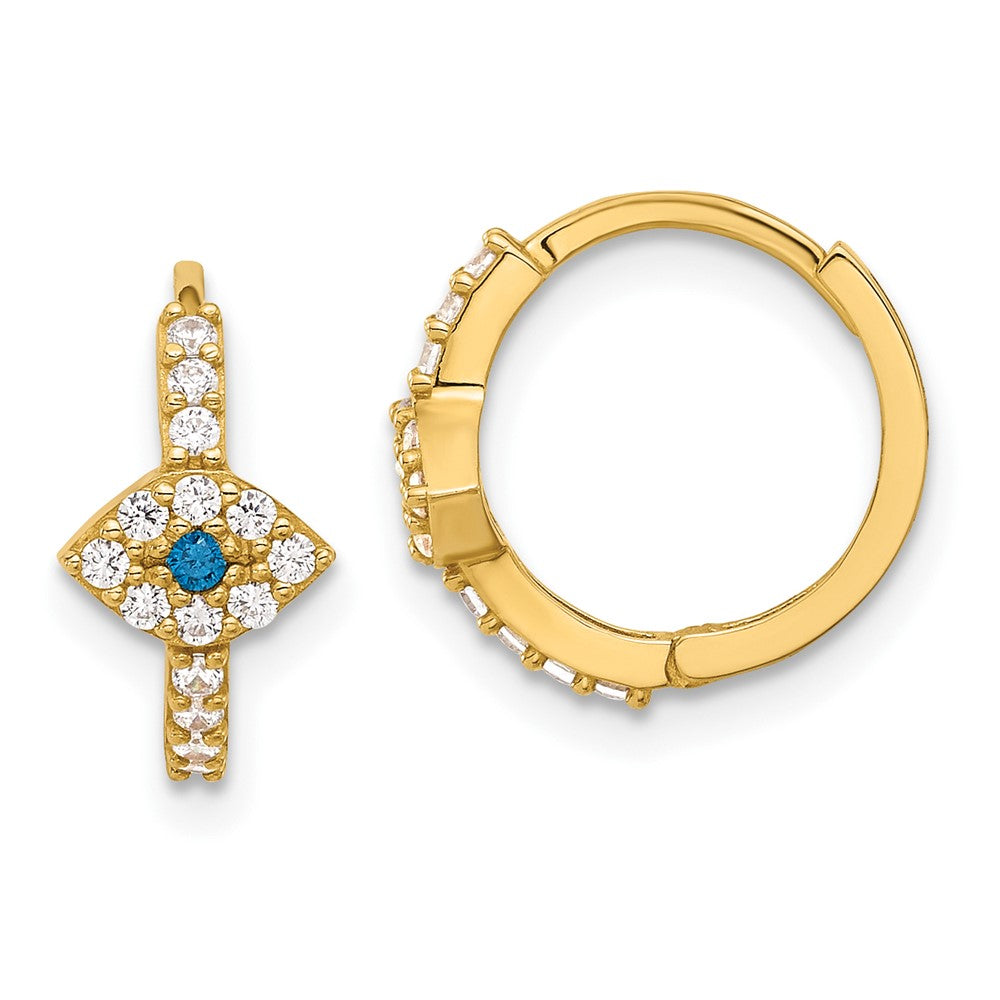 10K Yellow Gold Polished Clear & Blue CZ Evil Eye Hinged Hoop Earrings