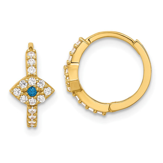 10K Yellow Gold Polished Clear & Blue CZ Evil Eye Hinged Hoop Earrings