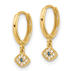 10K Yellow Gold Polished Clear & Blue CZ Dangle Evil Eye Hinged Hoop Earrings