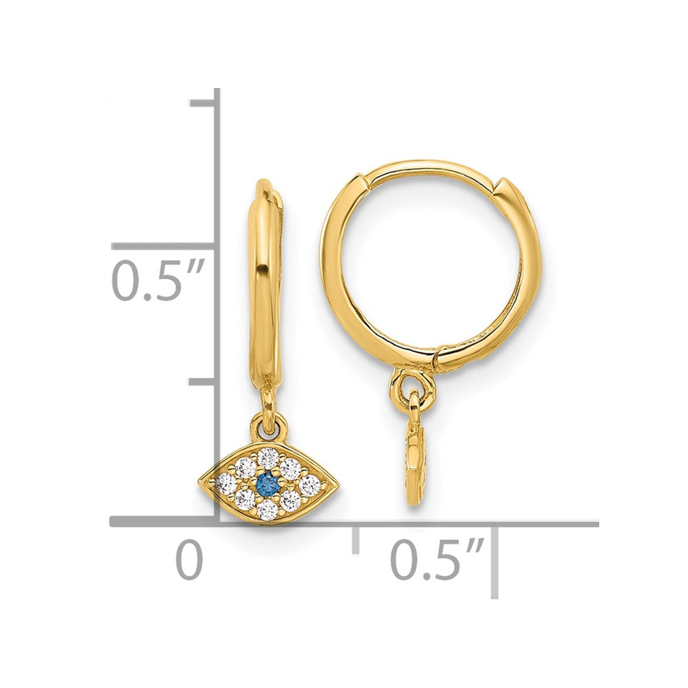 10K Yellow Gold Polished Clear & Blue CZ Dangle Evil Eye Hinged Hoop Earrings