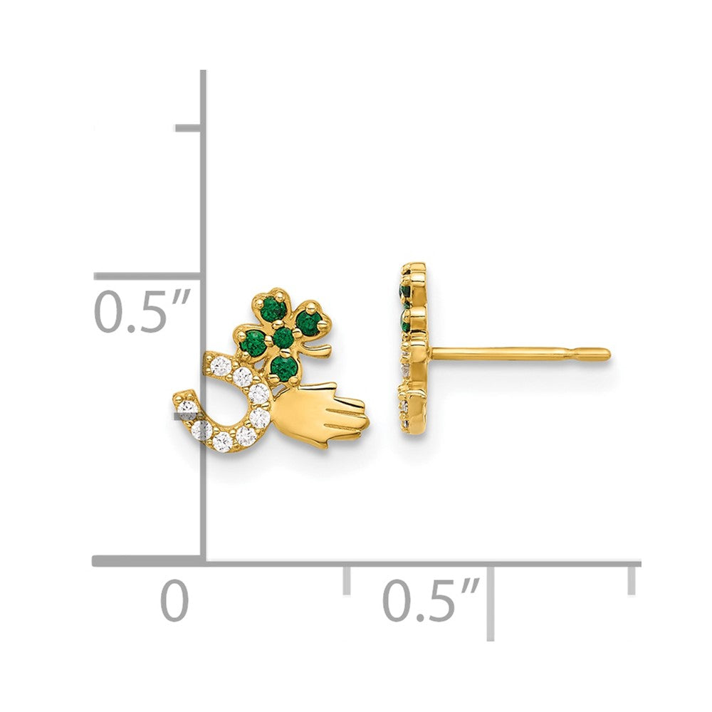 10K Yellow Gold Polished Green & Clear CZ Good Luck Post Earrings