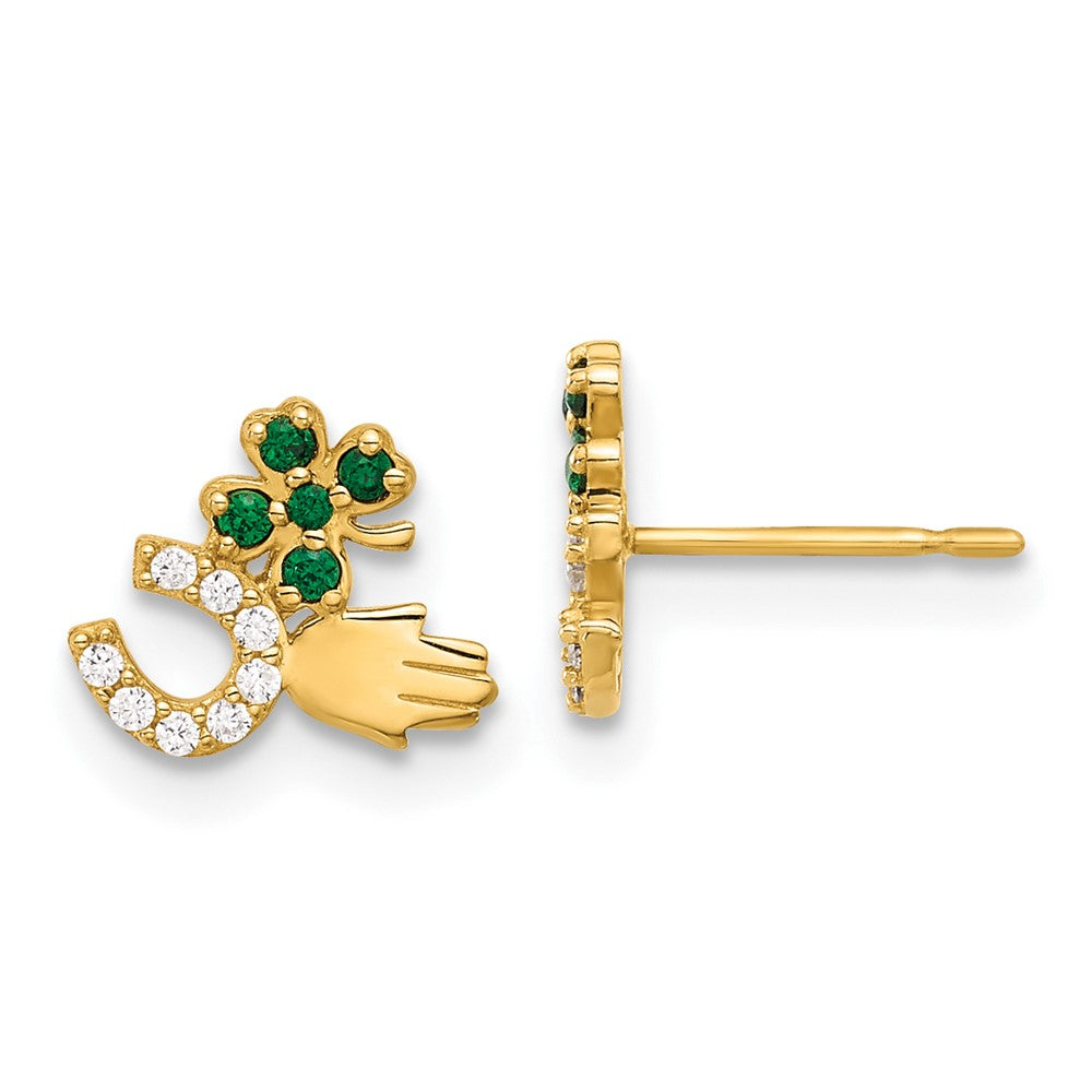 10K Yellow Gold Polished Green & Clear CZ Good Luck Post Earrings