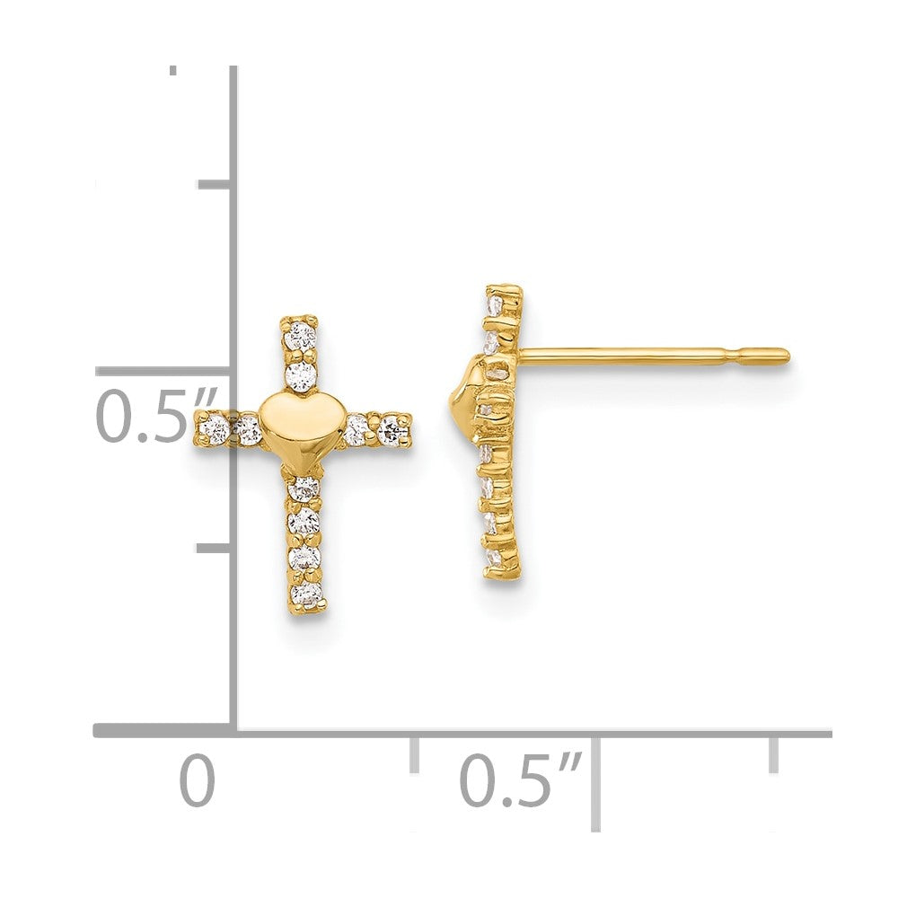 10K Yellow Gold Polished CZ Heart Cross Post Earrings