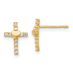 10K Yellow Gold Polished CZ Heart Cross Post Earrings