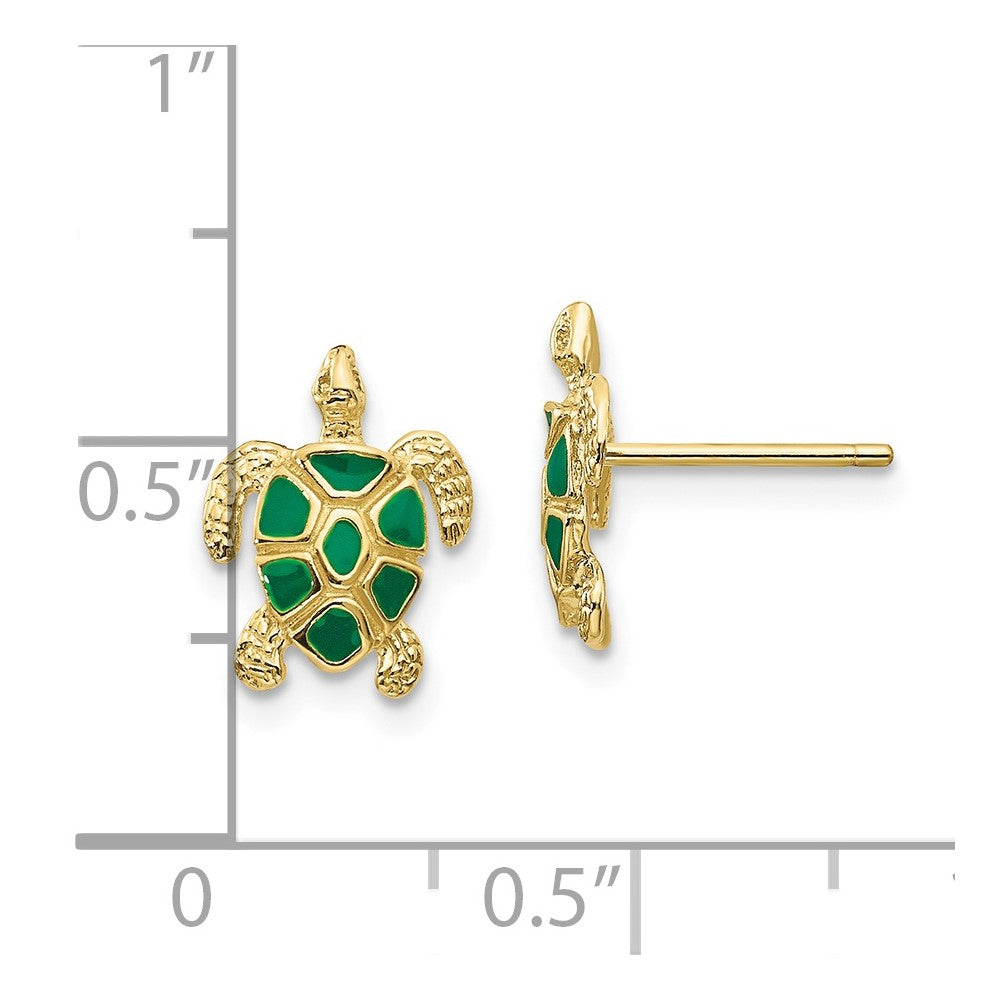 10K Yellow Gold Green Enameled Sea Turtle Post Earrings