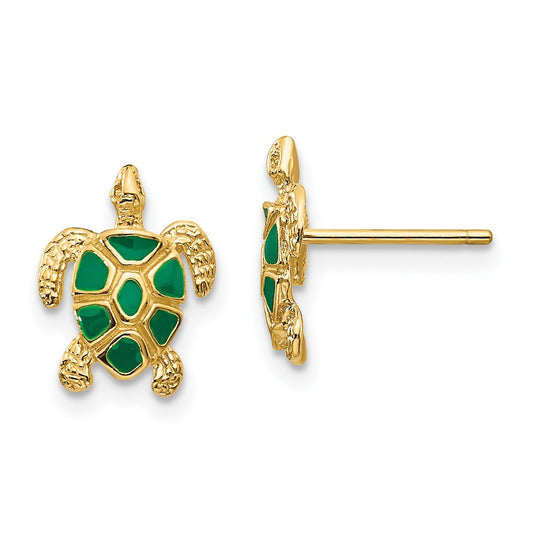 10K Yellow Gold Green Enameled Sea Turtle Post Earrings
