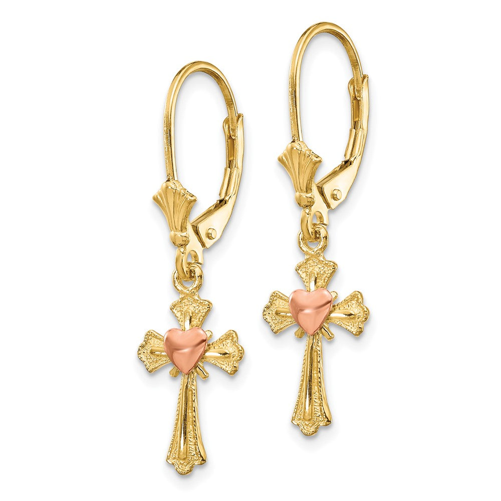 10K Two-Tone Gold Heart on Cross Leverback Earrings