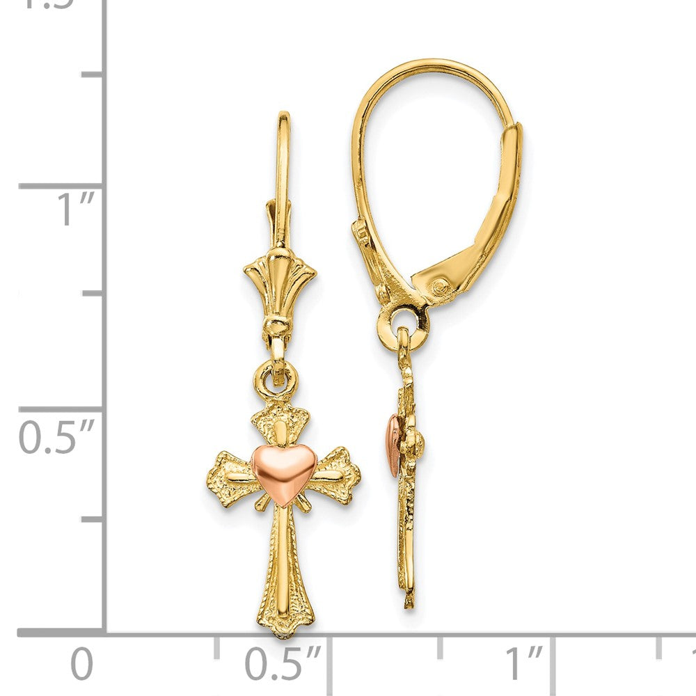 10K Two-Tone Gold Heart on Cross Leverback Earrings