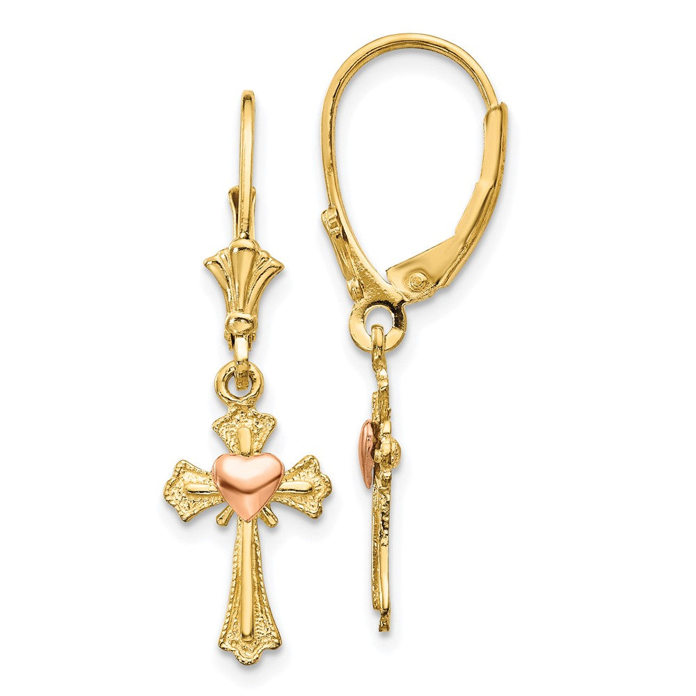 10K Two-Tone Gold Heart on Cross Leverback Earrings