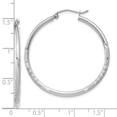 10K White Gold Satin and Diamond-cut 2mm Round Hoop Earrings