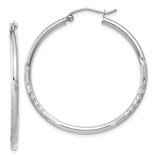 10K White Gold Satin and Diamond-cut 2mm Round Hoop Earrings