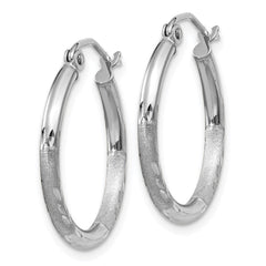 10K White Gold Satin and Diamond-cut 2mm Round Hoop Earrings