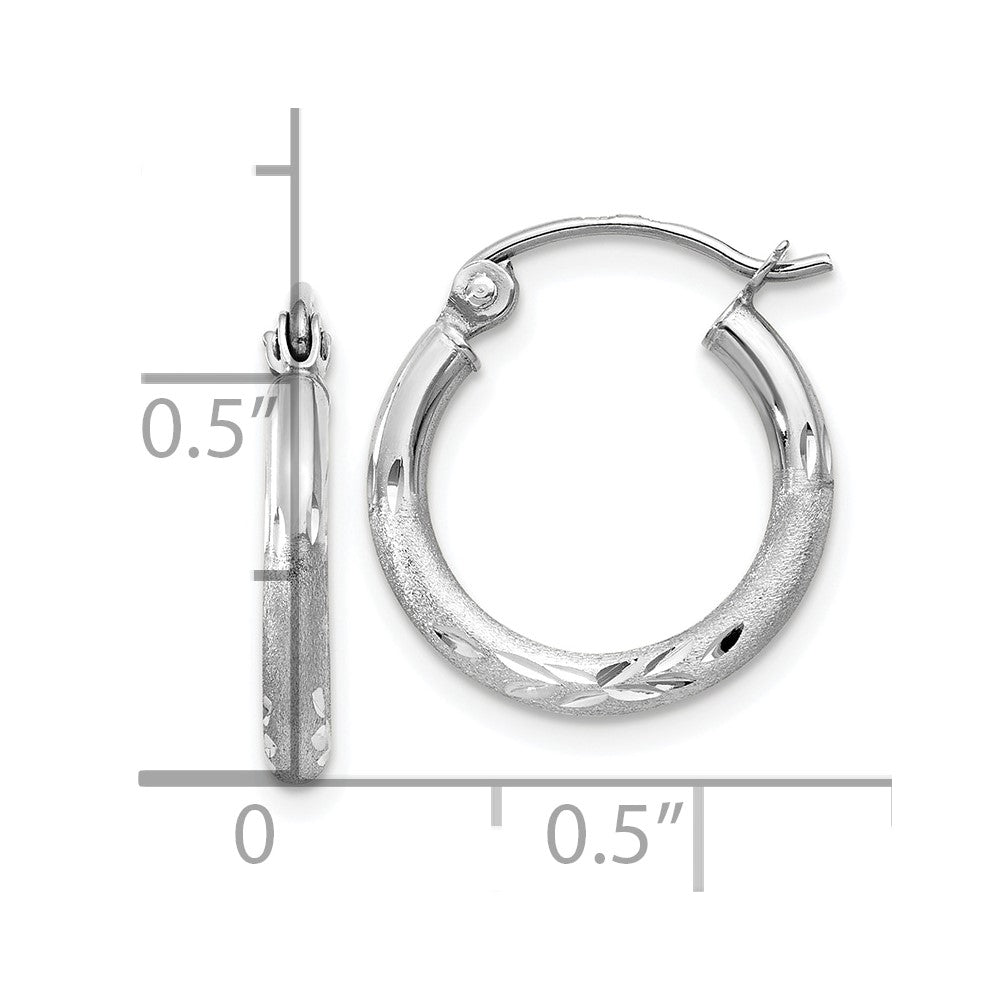 10K White Gold Satin and Diamond-cut 2mm Round Hoop Earrings