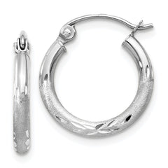 10K White Gold Satin and Diamond-cut 2mm Round Hoop Earrings