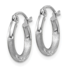10K White Gold Satin and Diamond-cut 2mm Round Hoop Earrings