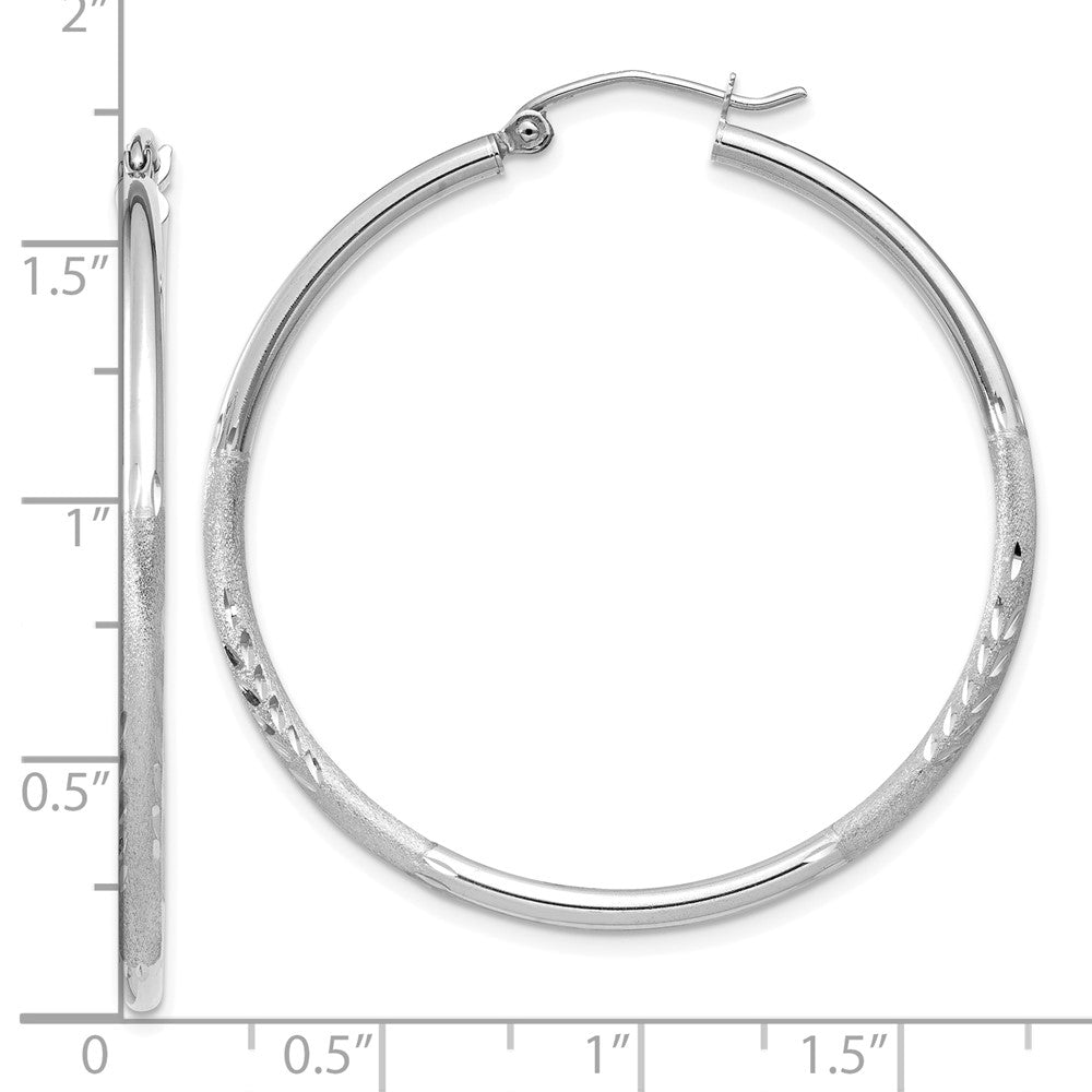 10K White Gold Satin and Diamond-cut 2mm Round Hoop Earrings