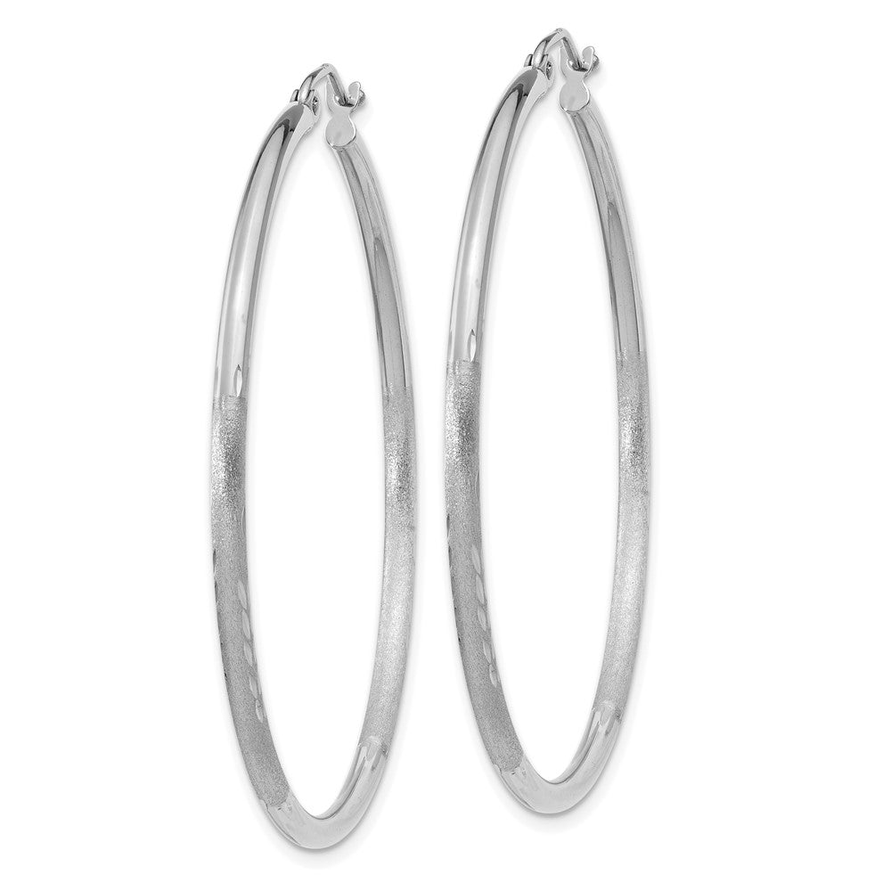 10K White Gold Satin and Diamond-cut 2mm Round Hoop Earrings