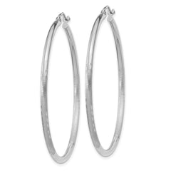10K White Gold Satin and Diamond-cut 2mm Round Hoop Earrings
