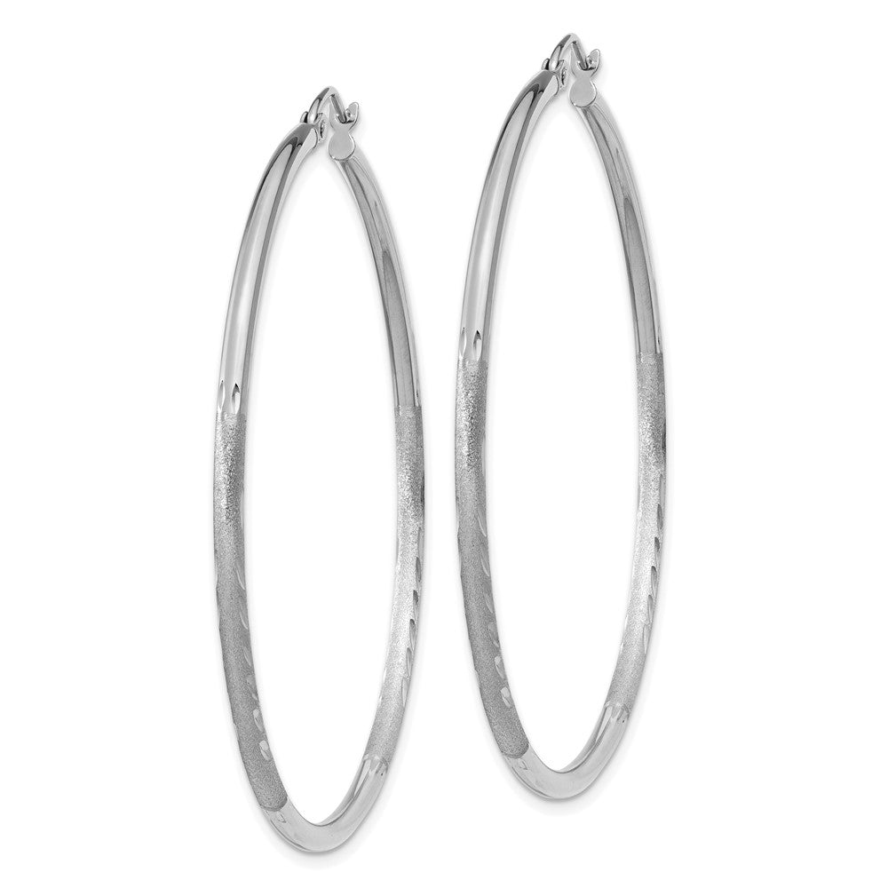 10K White Gold Satin and Diamond-cut 2mm Round Hoop Earrings