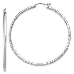 10K White Gold Satin and Diamond-cut 2mm Round Hoop Earrings